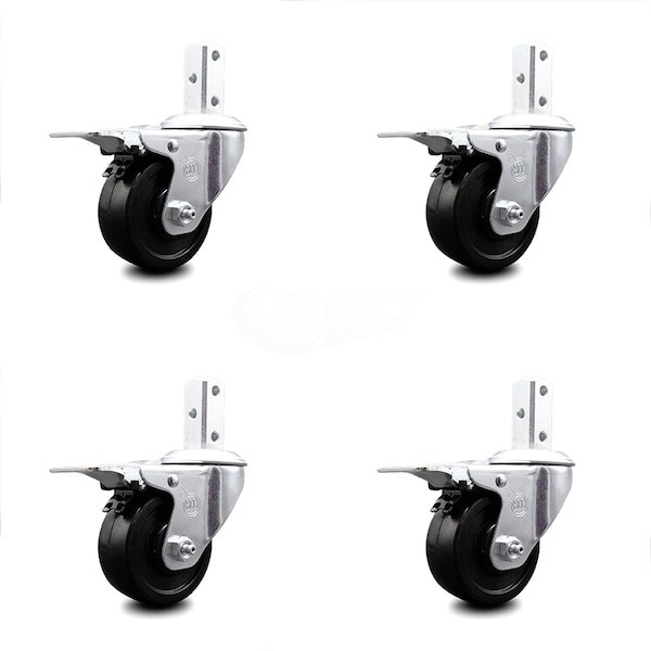 3 Inch Soft Rubber Wheel Swivel 3/4 Inch Square Stem Caster Set Total Lock Brake